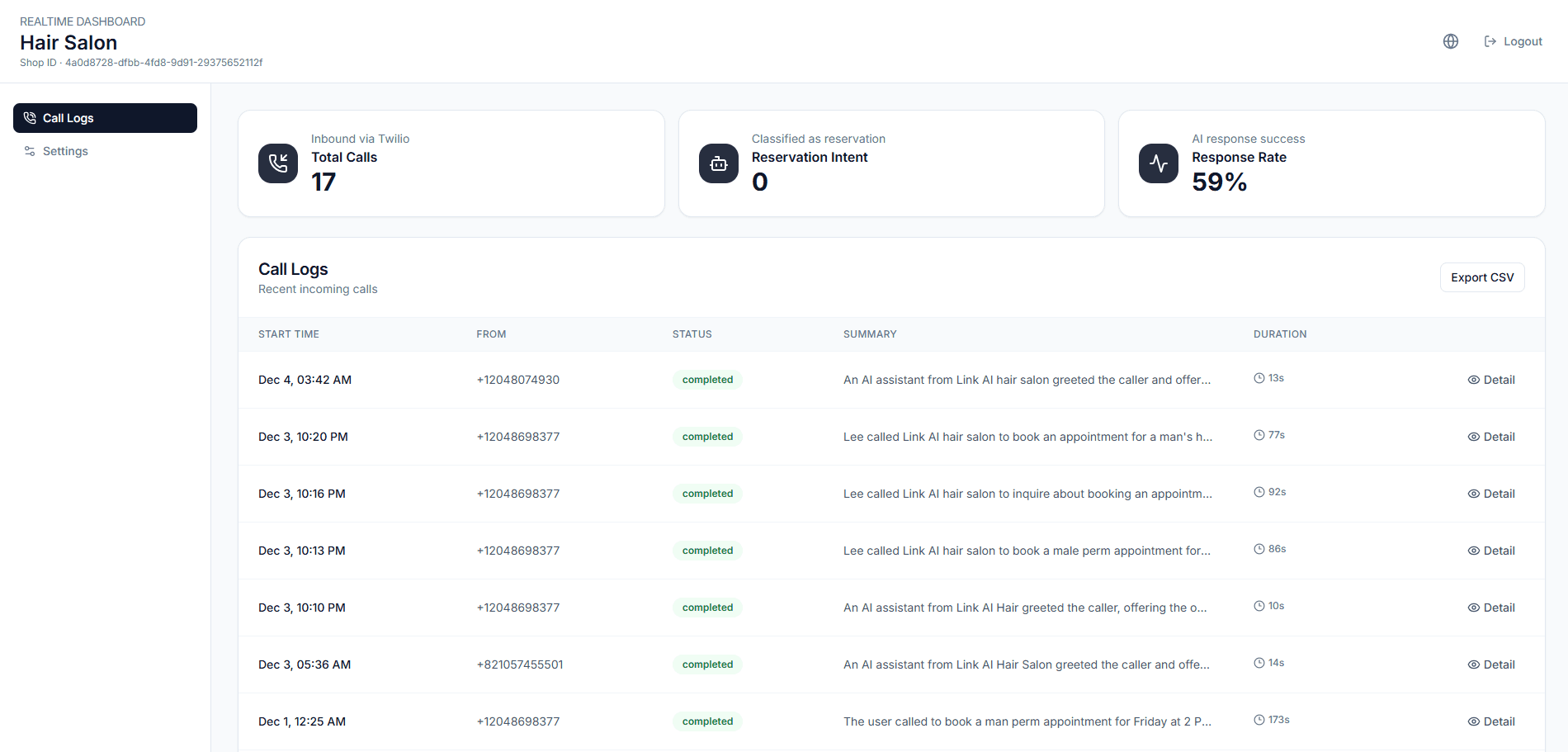 Lynk AI Dashboard - Call logs and booking management